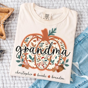 Personalized Grandma Shirt with Kids Names, Fall Grandma Tee Shirt, Grandma Pumpkin Shirt, Custom Grandma Shirt Comfort Colors Fall Shirt