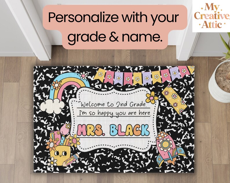 Personalized Teacher Classroom Doormat, Custom Composition Notebook Classroom Rug, Classroom Decor, Teacher Gift, Back To School Black
