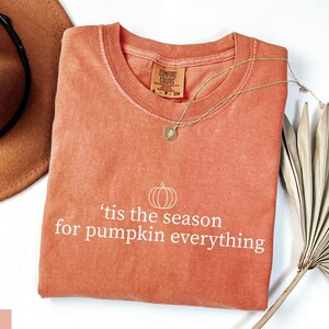 May include: A coral-colored t-shirt with the phrase "'tis the season for pumpkin everything" in white script. A gold necklace with a pendant rests on the shirt. A brown hat and dried palm leaves are also in the image.
