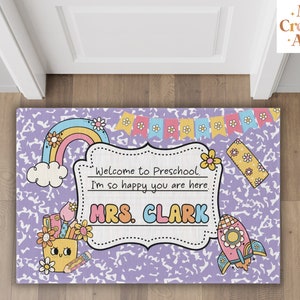 Personalized Teacher Classroom Doormat, Custom Composition Notebook Classroom Rug, Classroom Decor, Teacher Gift, Back To School Purple