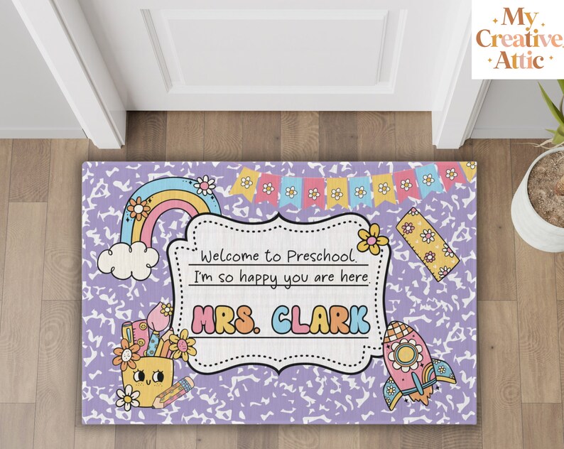 Personalized Teacher Classroom Doormat, Custom Composition Notebook Classroom Rug, Classroom Decor, Teacher Gift, Back To School Purple