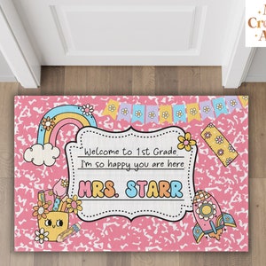 Personalized Teacher Classroom Doormat, Custom Composition Notebook Classroom Rug, Classroom Decor, Teacher Gift, Back To School - Pink