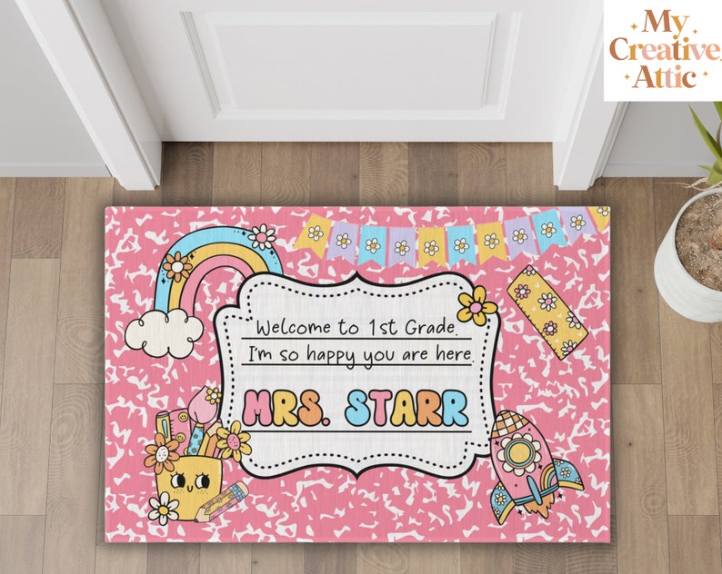Personalized Teacher Classroom Doormat, Custom Composition Notebook Classroom Rug, Classroom Decor, Teacher Gift, Back To School - Pink