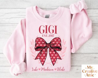 Personalized Gigi Sweatshirt with Grandkid Names, Gigi Valentine Sweatshirt Gigi Sweatshirt Custom Grandma Valentine Sweater, Coquette Bow