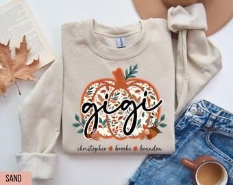 Personalized Gigi Sweatshirt with Names, Fall Sweatshirt for Gigi, Pumpkin Fall Sweatshirt Shirt Hoodie from grandkids Kids, Floral Pumpkin