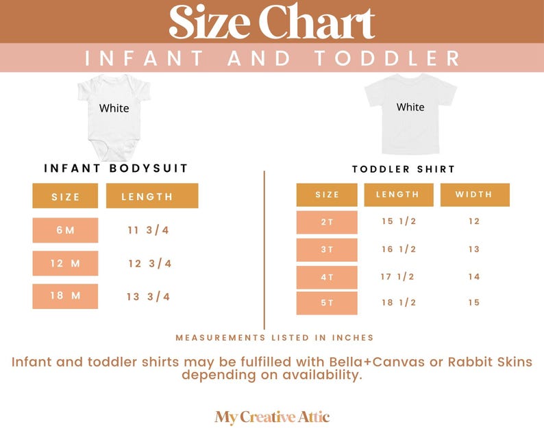 Op de afbeelding: Een maattabel voor baby- en peuterkleding met een wit rompertje en een wit peutershirt. De tabellen tonen de maten 6M, 12M, 18M voor het rompertje en 2T, 3T, 4T, 5T voor het shirt met lengte- en breedtematen in inches.