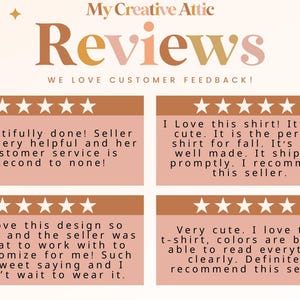 Może przedstawiać: Grafika promocyjna z My Creative Attic z recenzjami klient&oacute;w. Projekt zawiera słowo "Reviews" w stylizowanej czcionce, a także opinie klient&oacute;w wyświetlane w polach z ocenami gwiazdkowymi. Og&oacute;lna kolorystyka jest ciepła, z odcieniami brązu i brzoskwini.