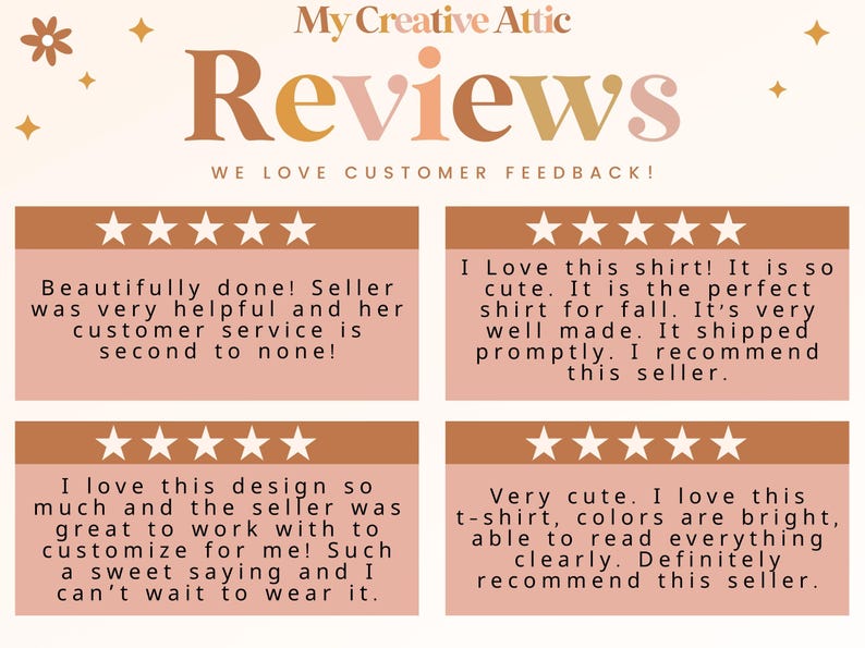 Może przedstawiać: Grafika promocyjna z My Creative Attic z recenzjami klient&oacute;w. Projekt zawiera słowo "Reviews" w stylizowanej czcionce, a także opinie klient&oacute;w wyświetlane w polach z ocenami gwiazdkowymi. Og&oacute;lna kolorystyka jest ciepła, z odcieniami brązu i brzoskwini.