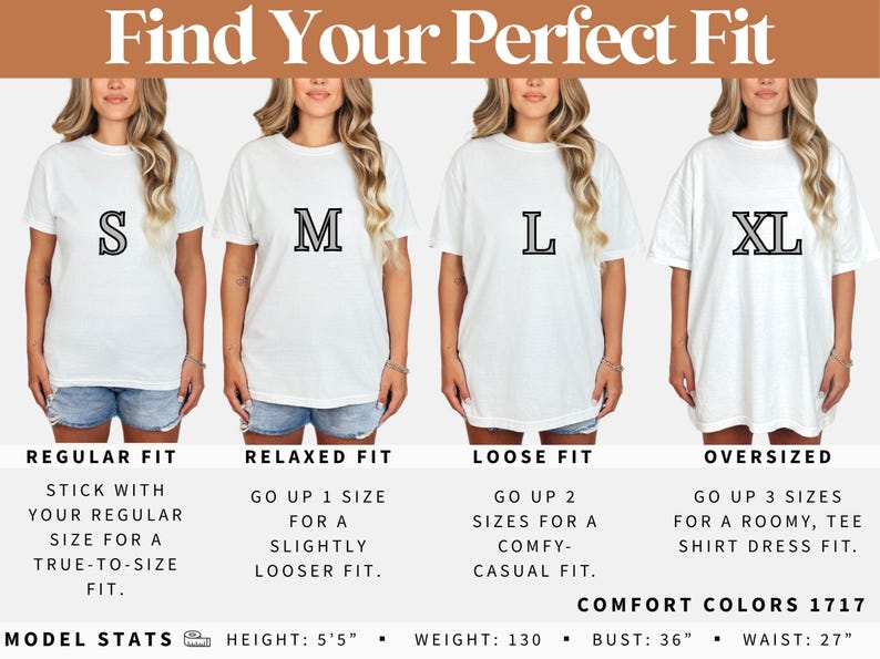 Może przedstawiać: Cztery kobiety w białych koszulkach w rozmiarach S, M, L i XL. Tekst u g&oacute;ry brzmi "Find Your Perfect Fit". Poniżej podano zalecenia dotyczące rozmiar&oacute;w dla regularnych, luźnych, obszernych i oversize. Dane modelki: 165 cm, 59 kg, biust 91 cm, talia 69 cm.