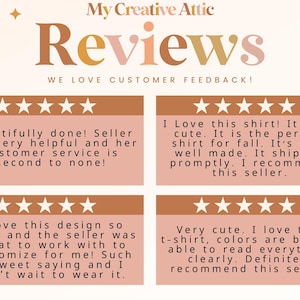Op de afbeelding: Een grafische weergave getiteld My Creative Attic Reviews met vier klantbeoordelingen met vijf sterren. De tekst bevat zinnen zoals Beautifully done, I Love this shirt, I love this design en Very cute, allemaal geplaatst tegen een lichte achtergrond.