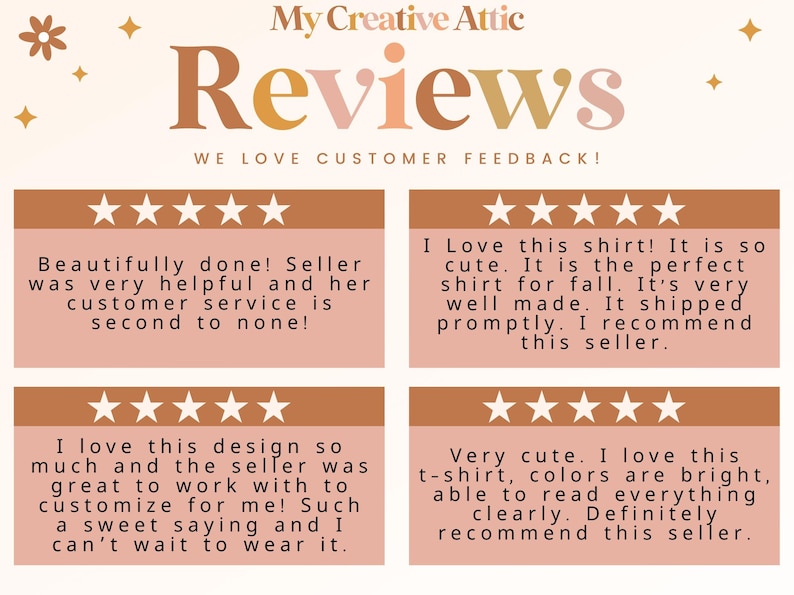 Op de afbeelding: Een grafische weergave getiteld My Creative Attic Reviews met vier klantbeoordelingen met vijf sterren. De tekst bevat zinnen zoals Beautifully done, I Love this shirt, I love this design en Very cute, allemaal geplaatst tegen een lichte achtergrond.