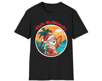Camicia natalizia hawaiana Mele Kalikimaka, Camicia natalizia hawaiana di Babbo Natale, Camicia di Babbo Natale che fa surf Mele Kalikimaka, Camicia di Babbo Natale sulla spiaggia