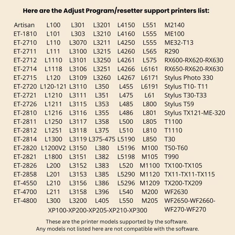 May include: A beige informational chart titled Here are the Adjust Program/resetter support printers list, displaying a comprehensive list of printer model numbers in black text, concluding with a note about software compatibility for the listed models.