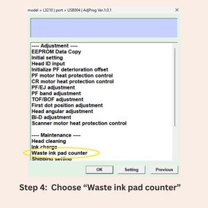 May include: A software interface window titled AdjProg Ver.1.0.1 for model L3210. The menu displays adjustment and maintenance options including EEPROM Data Copy, Head cleaning, and a yellow-circled Waste ink pad counter selection.