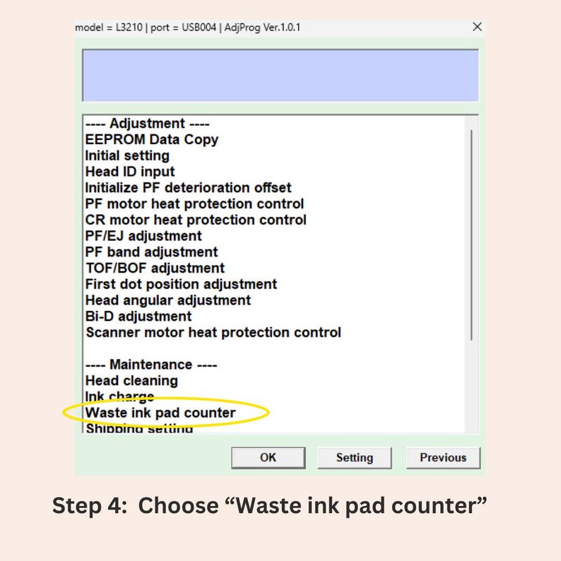 May include: A software interface window titled AdjProg Ver.1.0.1 for model L3210. The menu displays adjustment and maintenance options including EEPROM Data Copy, Head cleaning, and a yellow-circled Waste ink pad counter selection.