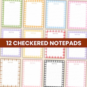 May include: A collection of twelve rectangular notepads featuring a white center with horizontal lines and the word NOTES printed at the top. Each notepad is framed by a distinct colored gingham checkered border in green, orange, blue, pink, purple, yellow, red, brown, and gray.
