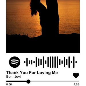 May include: Silhouette of a couple kissing at sunset over the ocean. Below, a music player interface displays the song "Thank You For Loving Me" by Bon Jovi, with a progress bar and control icons.