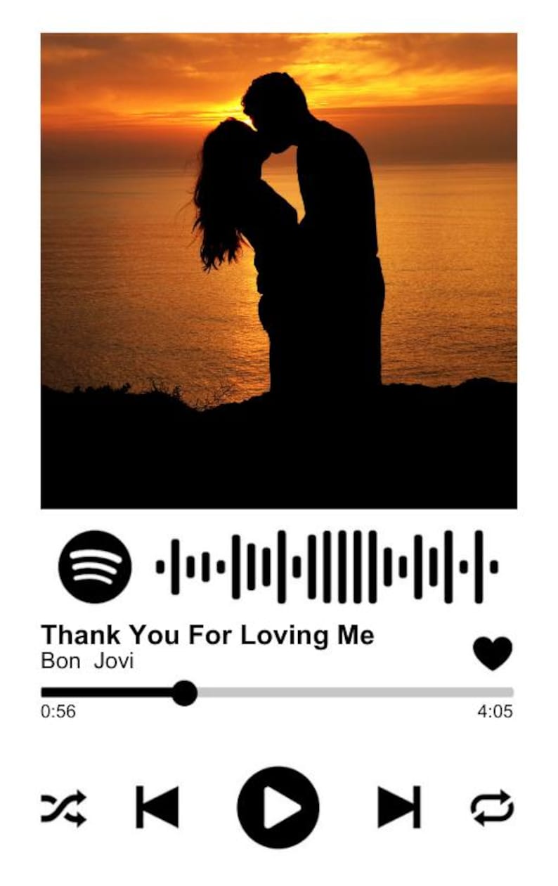 May include: Silhouette of a couple kissing at sunset over the ocean. Below, a music player interface displays the song "Thank You For Loving Me" by Bon Jovi, with a progress bar and control icons.