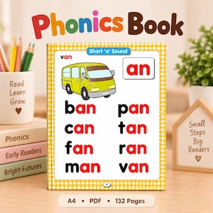 Op de afbeelding: Een Phonics-boek met een geel-witte geblokte rand. De pagina toont een illustratie van een gele bestelwagen, de tekst Short 'a' Sound en het woord an. Daaronder staan twee kolommen met woorden: ban, can, fan, man, pan, tan, ran en van in zwart en rood.