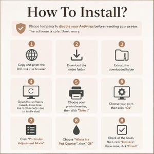 May include: An instructional graphic titled How To Install? with a beige background. It features nine numbered steps with icons for printer software setup, including instructions to disable antivirus, download, extract, and initialize the resetter.