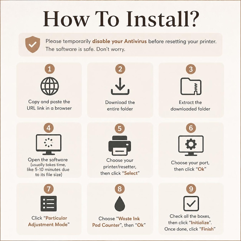 May include: An instructional graphic titled How To Install? with a beige background. It features nine numbered steps with icons for printer software setup, including instructions to disable antivirus, download, extract, and initialize the resetter.