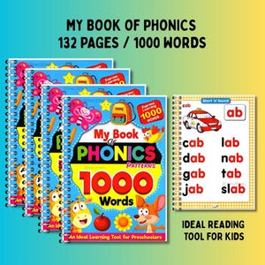 May include: A stack of phonics books with a blue spiral binding. The cover features colorful illustrations and the text "My Book of Phonics" and "1000 Words". An additional page shows word examples. The text "Ideal Reading Tool for Kids" is also visible.