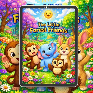 May include: A digital tablet displays a colorful illustration of "The Little Forest Friends." The image features a monkey, two bunnies, an elephant, and an owl in a vibrant forest setting with a smiling sun.