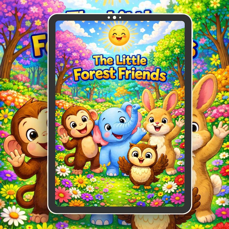 May include: A digital tablet displays a colorful illustration of "The Little Forest Friends." The image features a monkey, two bunnies, an elephant, and an owl in a vibrant forest setting with a smiling sun.
