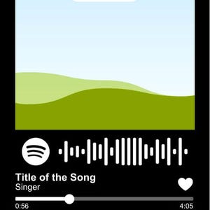 May include: A black digital music player interface with a landscape image background. The interface displays the song title, singer, and playback controls. The background features a blue sky, a white cloud, and green hills.