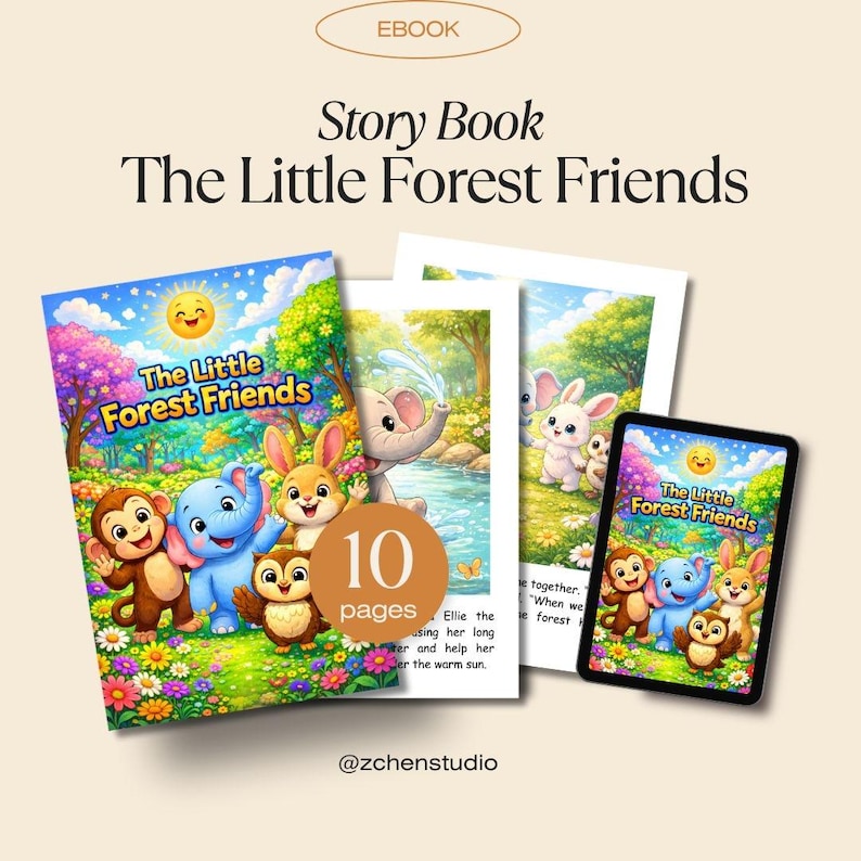 May include: A children's storybook titled "The Little Forest Friends" with colorful illustrations of forest animals. The cover features a monkey, elephant, rabbit, and owl. The image also includes a tablet displaying the book's cover.
