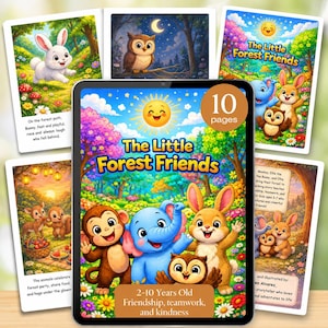 May include: A digital tablet displaying a children's book titled The Little Forest Friends, featuring a monkey, elephant, rabbit, and owl. The screen shows 10 pages, and surrounding cards depict forest scenes with animals and text descriptions.