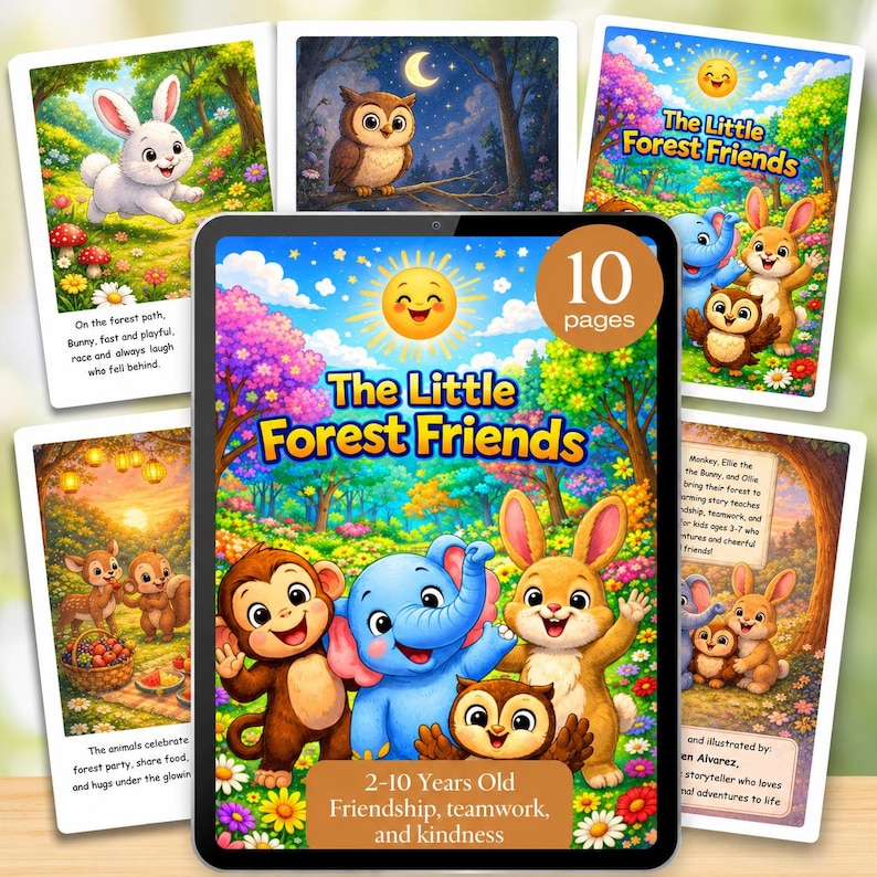May include: A digital tablet displaying a children's book titled The Little Forest Friends, featuring a monkey, elephant, rabbit, and owl. The screen shows 10 pages, and surrounding cards depict forest scenes with animals and text descriptions.