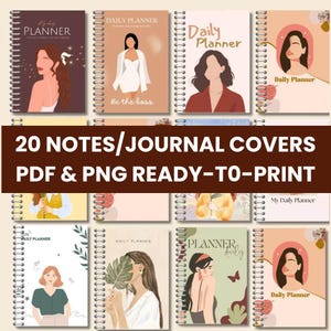 May include: A selection of spiral-bound notebooks with illustrated covers. The covers display illustrations of women and the text "Daily Planner" and "20 NOTES/JOURNAL COVERS PDF & PNG READY-TO-PRINT". The notebooks have a variety of colour schemes.