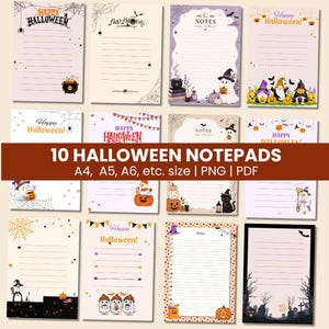 Può includere: Una collezione di dieci blocchi note digitali a tema Halloween con carta a righe e varie illustrazioni tra cui fantasmi, zucche, gatti neri, ragni, ragnatele e pipistrelli. Il testo Happy Halloween e Notes appare su diversi fogli.