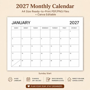 Könnte beinhalten: Eine monatliche Kalendervorlage für 2027 im A4-Format, im Querformat mit einem Sonntag als Wochenbeginn. Das Raster zeigt den Januar 2027 mit nummerierten Tagen von 1 bis 31. Das Design enthält Text für PDF-, PNG- und bearbeitbare Canva-Dateien.