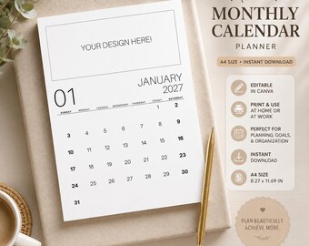 2027 Calendar Minimalist Wall Calendar, Clean Modern Monthly Planner, A4 PDF, PNG