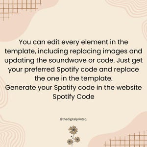 May include: A beige digital template with text explaining how to edit elements, replace images, and update the Spotify code. The text encourages users to generate their Spotify code on the website. The background has a grid and floral design.