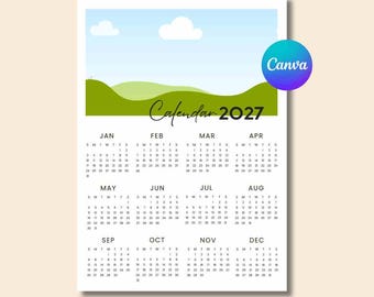 2027 calendar A4 One-page, Printable Annual Planner, Canva Editable Template