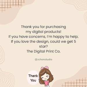 May include: A digital product thank you card with a light brown background and decorative elements. The text reads "Thank you for purchasing my digital products!" and includes a request for a 5-star review. The Digital Print Co. is the seller.