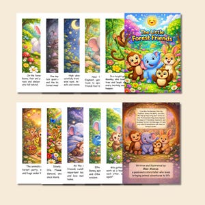 May include: A children's book titled "The Little Forest Friends" with colorful illustrations of forest animals. The book features a bunny, elephant, monkey, and owl. Text includes the author's name and a brief description.