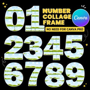 May include: A digital number collage frame set featuring the digits zero through nine, each filled with a repeating landscape pattern of green hills, blue sky, and white clouds. The text reads NUMBER COLLAGE FRAME, NO NEED FOR CANVA PRO, and Canva.