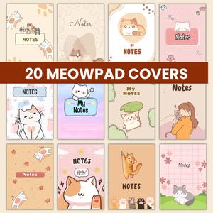 May include: A collection of 20 digital notepad covers featuring various illustrations of cats, kittens, and paw prints in pastel color palettes. Each rectangular cover includes the text Notes or My Notes, with diverse graphic designs and patterns.