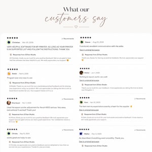 May include: A digital display titled What our customers say featuring eight customer reviews with five-star ratings, usernames, dates, and written feedback regarding software for a printer, including responses from ZChen Studio.