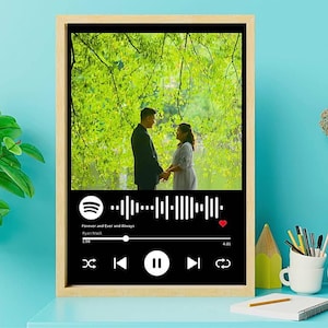May include: Framed print featuring a couple holding hands in a park setting. The bottom portion displays a black music player interface with the song title "Forever and Ever and Always" and artist Ryan Mack.