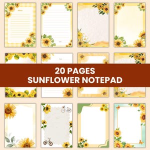 May include: A collection of 20-page sunflower notepads. Each notepad page features a watercolor sunflower design in the corners. Some pages have lines, while others are blank. The text "20 PAGES SUNFLOWER NOTEPAD" is displayed in the center.