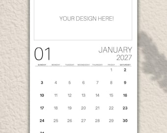 2027 Calendar Minimalist Wall Calendar, Clean Modern Monthly Planner, A4 PDF, PNG