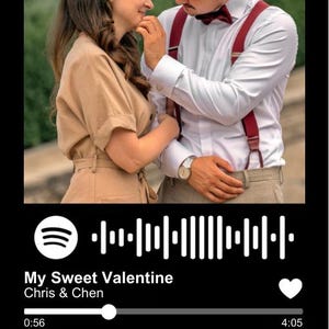 May include: A digital music player interface displays a romantic image of a couple. The song title is "My Sweet Valentine" by Chris & Chen. The couple is embracing, with the man wearing a white shirt, suspenders, and a bow tie.
