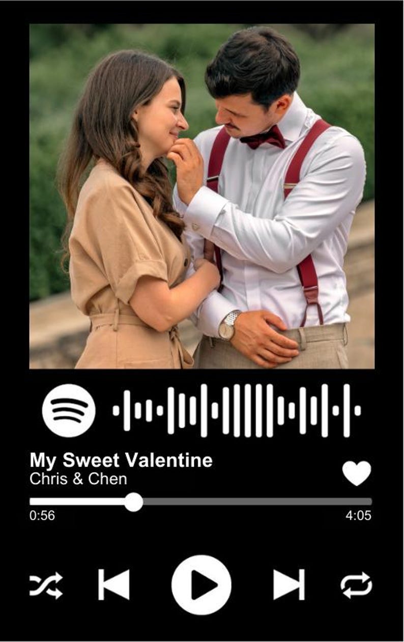 May include: A digital music player interface displays a romantic image of a couple. The song title is "My Sweet Valentine" by Chris & Chen. The couple is embracing, with the man wearing a white shirt, suspenders, and a bow tie.