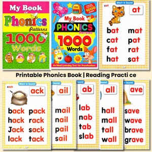Pode incluir: Materiais educativos de fonética. Dois livros, "My Book of Phonics," com "1000 Words" e ilustrações coloridas. Cartões flash com palavras como "bat," "cat" e "hat" também estão incluídos. O texto "Printable Phonics Book | Reading Practice" é visível.
