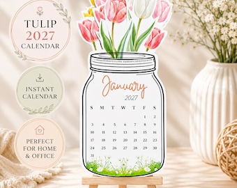 2027 Desk Calendar Tulip Design, Monthly Stand-up Calendar, Floral Office Decor (Digital Download)
